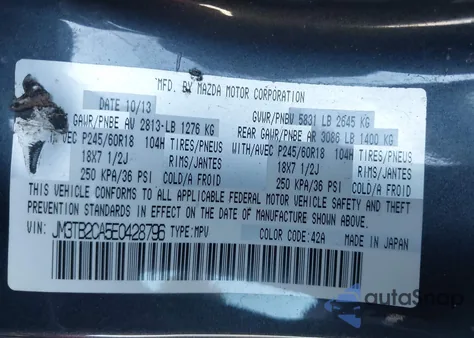 2014 Mazda Cx-9 Touring z USA, uszkodzony, nr VIN JM3TB2CA5E0428796